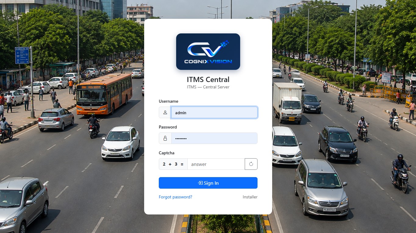 यूज़रनेम, पासवर्ड और कैप्चा वाली ITMS Central साइन-इन स्क्रीन