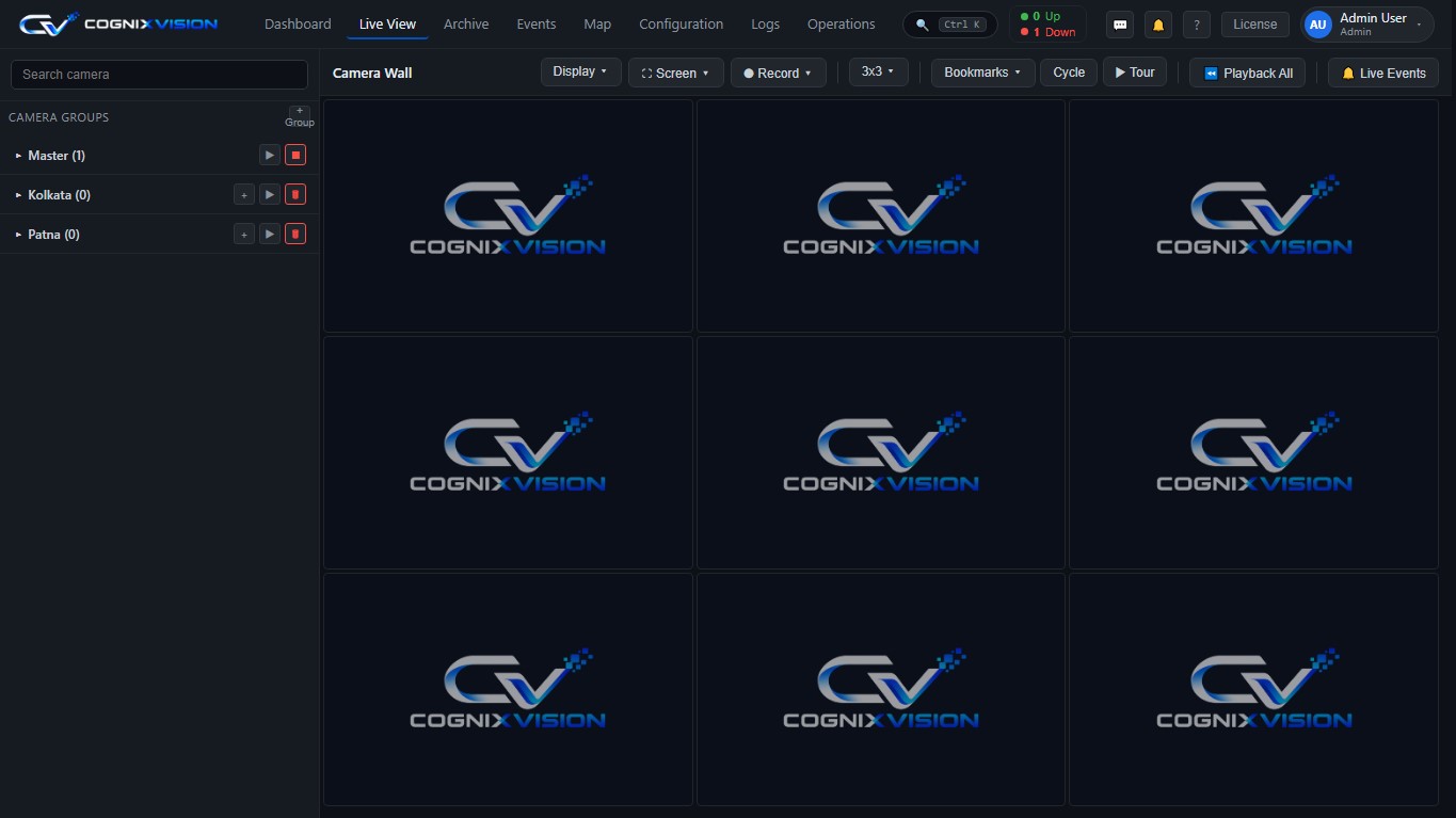 Cognix Vision VMS लाइव व्यू, 2x2 कैमरा वॉल, कैमरा ग्रुप साइडबार और रिकॉर्डिंग कंट्रोल के साथ